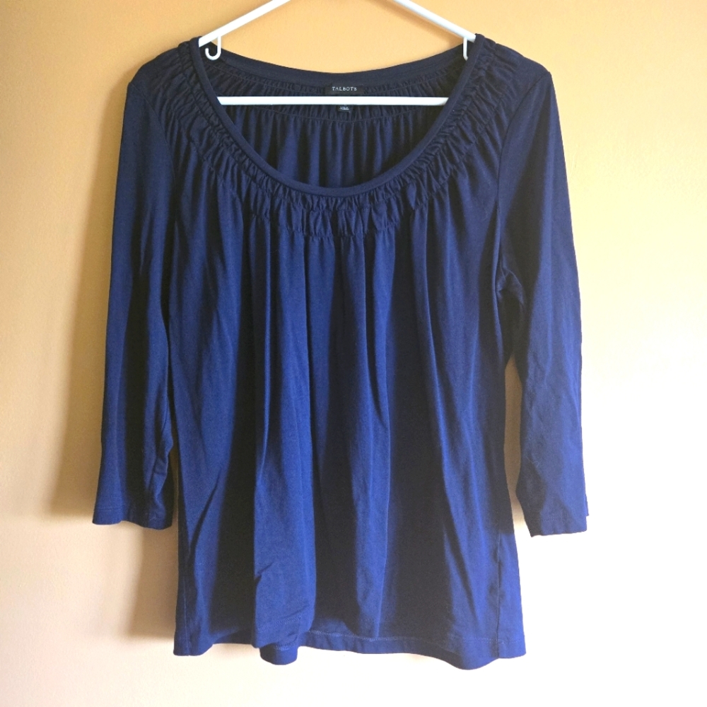 Talbots Blue Crinkle Neckline Blouse, PTP=20"